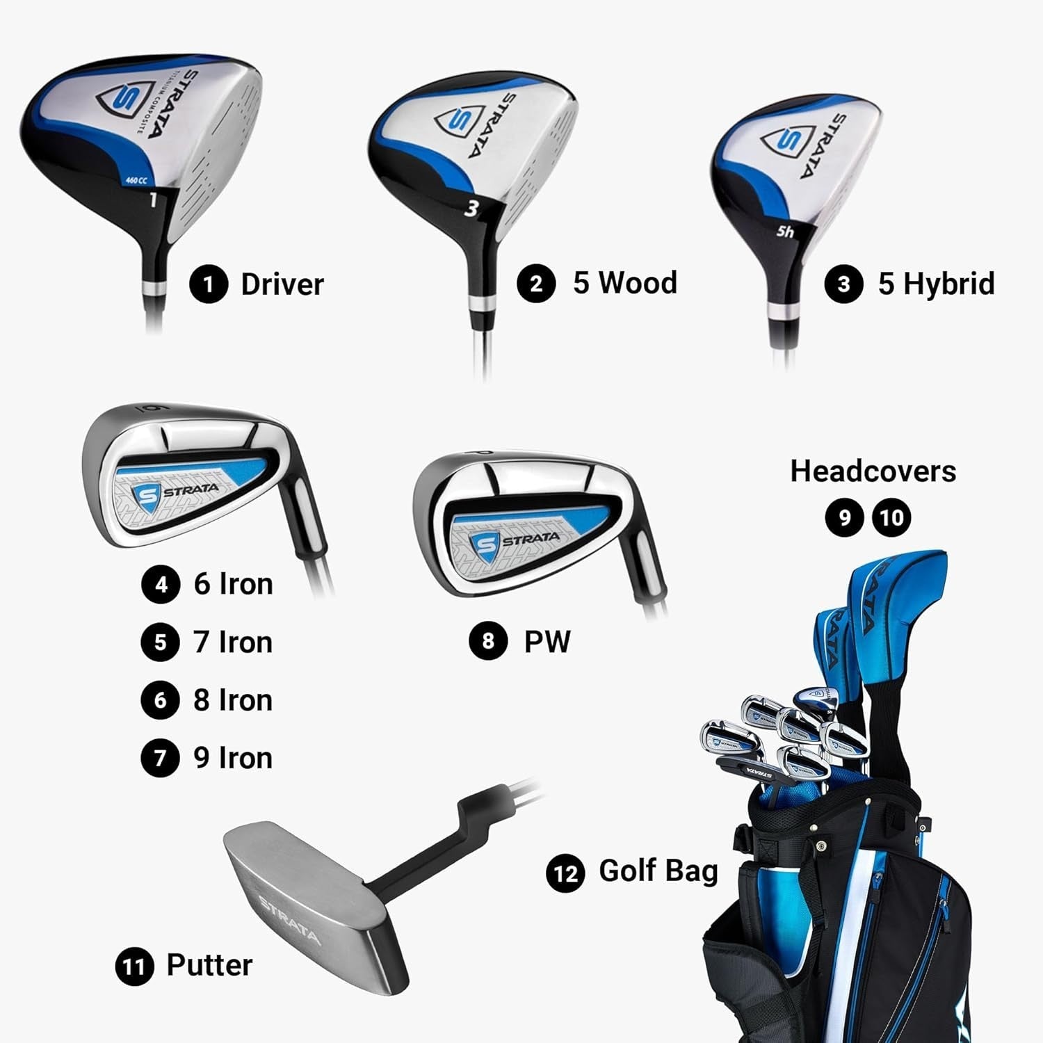 Mens Right Hand Golf Club Set 12 Piece Driver Hybrid Irons Putter Bag