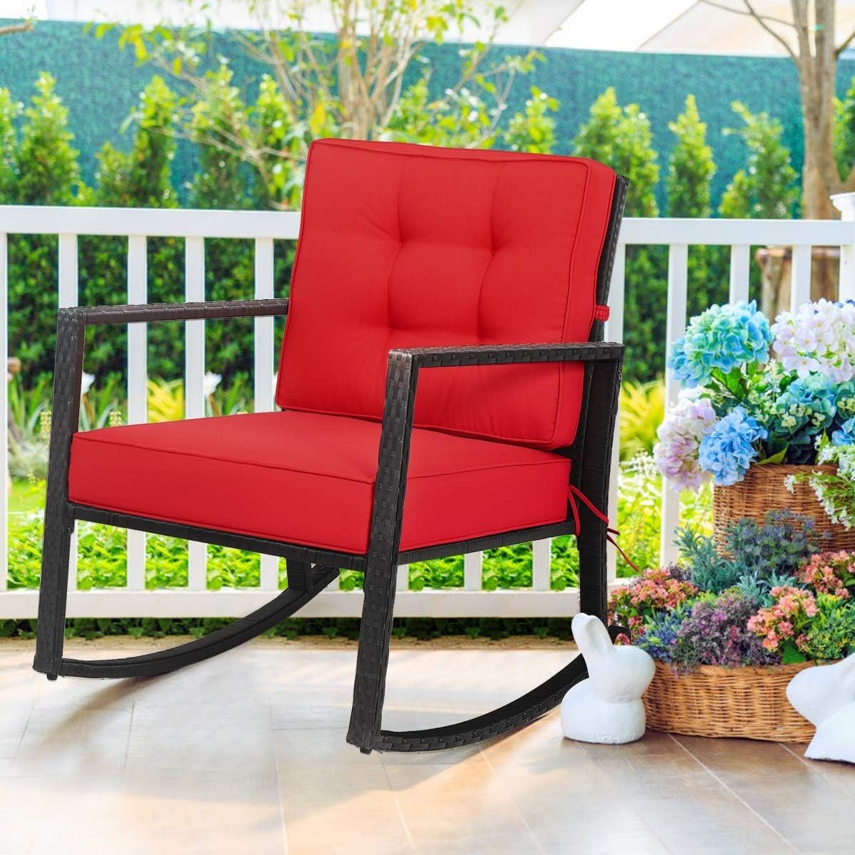 Outdoor Red Rattan Rocking Chair with Cushions & Armrests Patio Glider