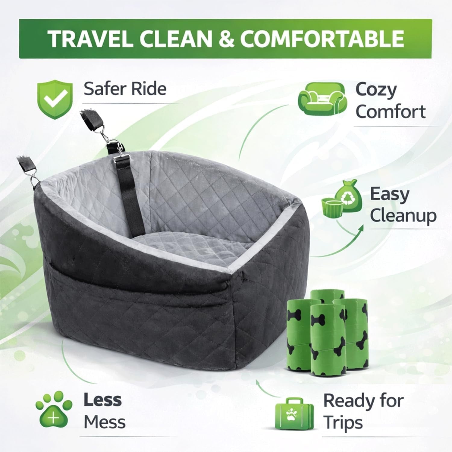 Dog Car Seat Booster Bed Memory Foam Travel Carrier Safety Leash 50cm