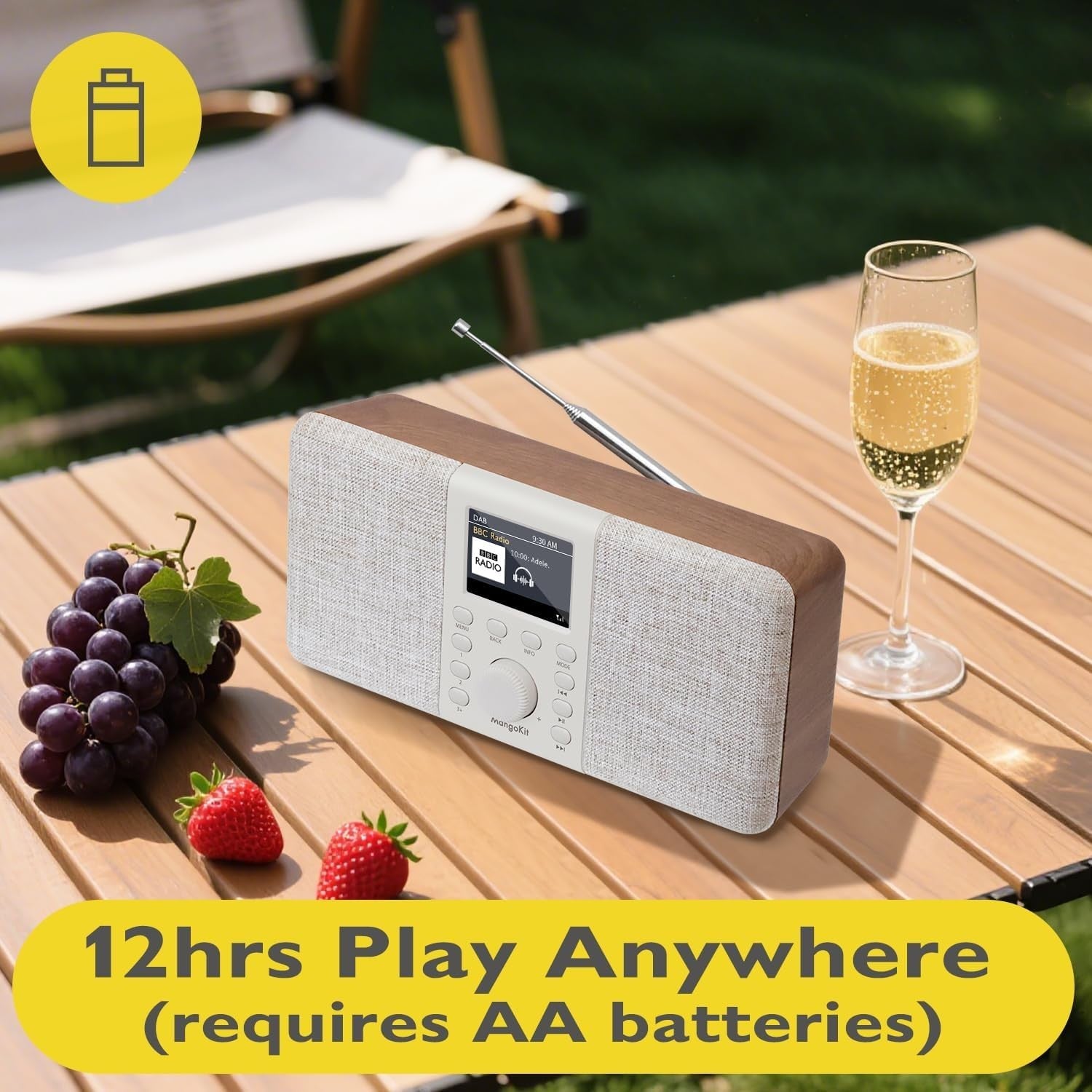 Portable DAB DAB+ FM Radio Bluetooth Stereo 2.4" Display Walnut