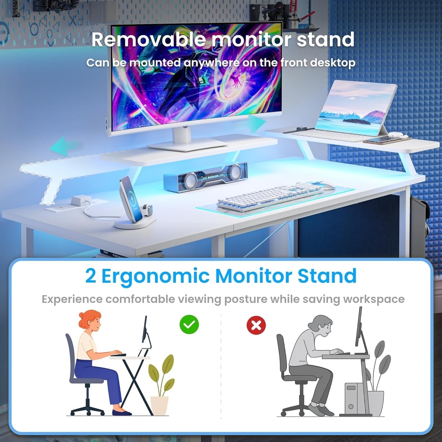White LED Gaming Desk 140x50cm w/ Power Outlets & Dual Monitor Stands