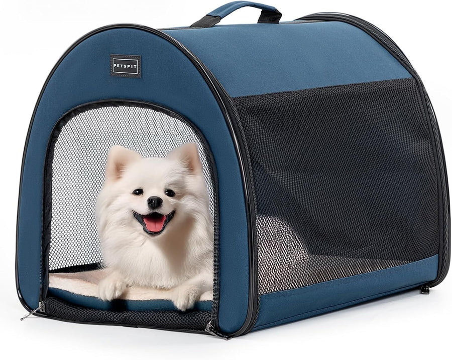 Soft Dog Crate 48x42x41cm Portable Travel Carrier Cat Kennel with Mat Blue