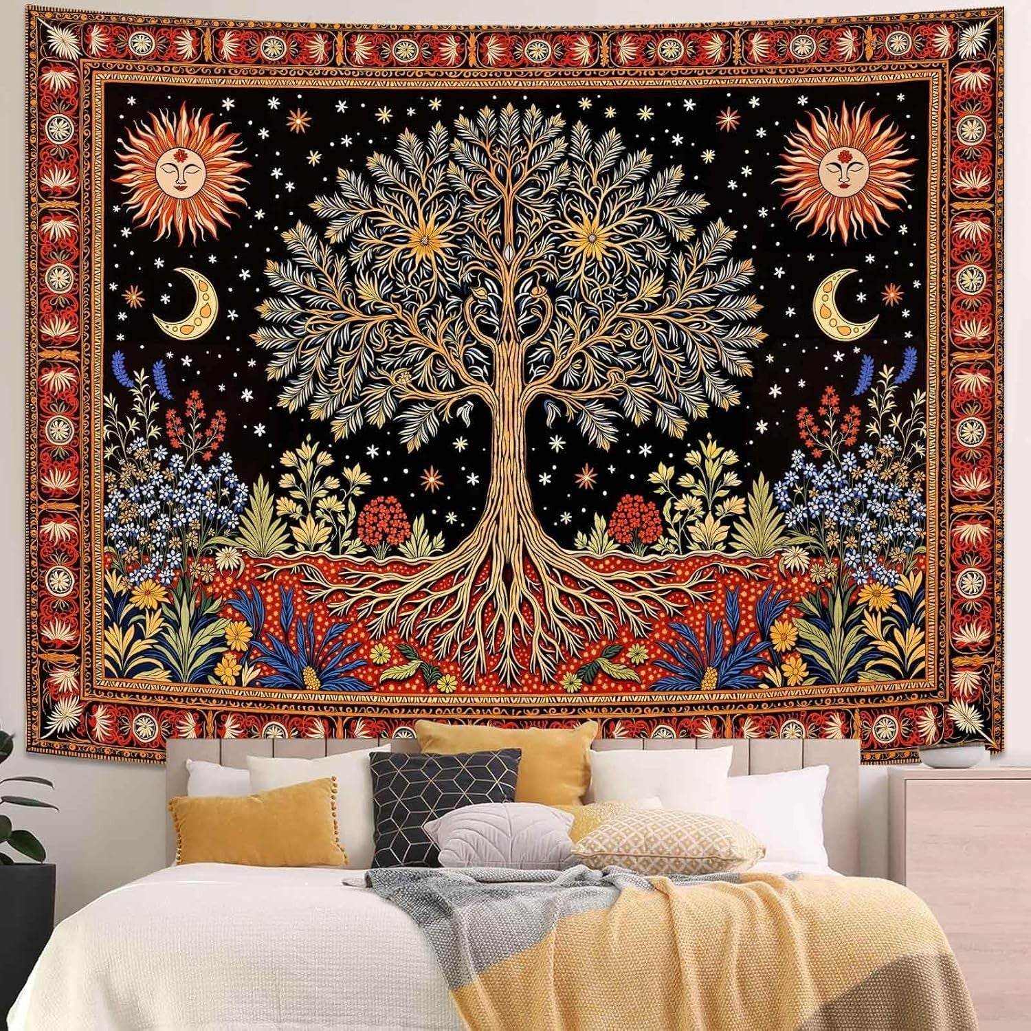 Large Celestial Sun & Moon Tree of Life Tapestry Boho 90x70