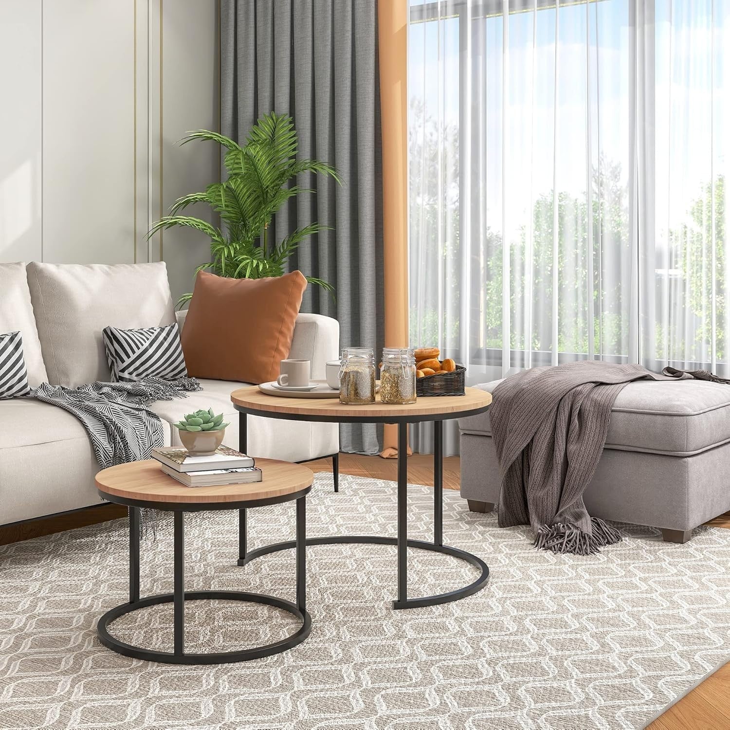 Round Nesting Coffee Table Set of 2, Black & Oak Metal Frame 70/50cm
