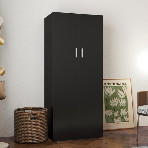 Black 2 Door Wardrobe with Hanging Rail & Storage Shelf for Small Rooms