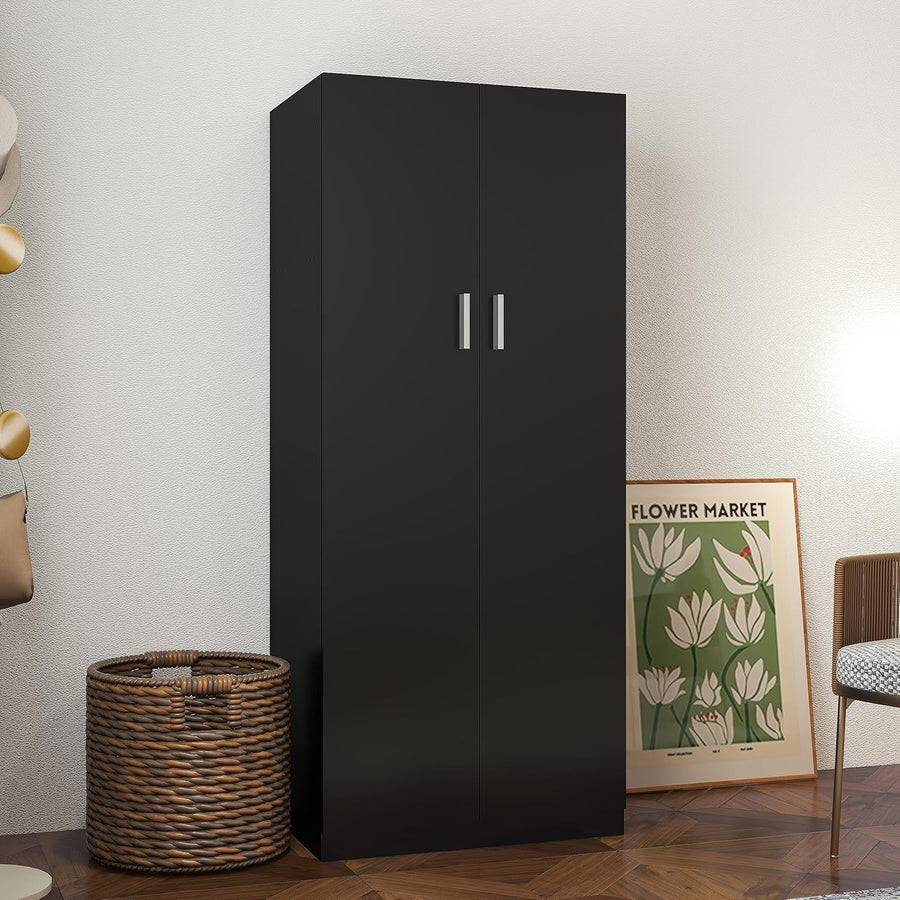 Black 2 Door Wardrobe with Hanging Rail & Storage Shelf for Small Rooms