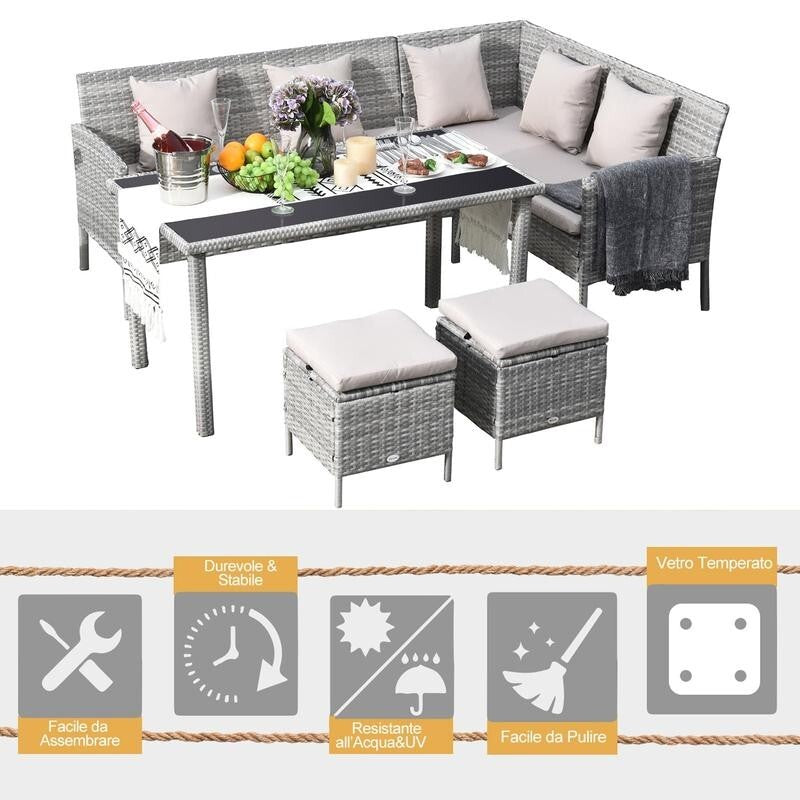 6-Seater Rattan Corner Sofa Dining Set Garden Patio Furniture w/ Table & Stools