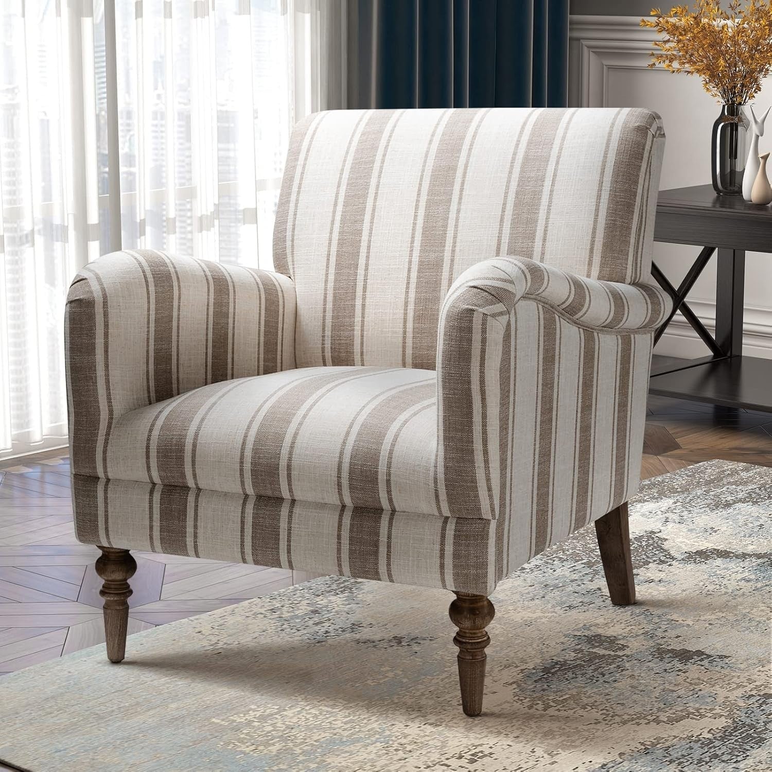 Striped Upholstered Armchair with Wooden Legs for Lounge or Bedroom