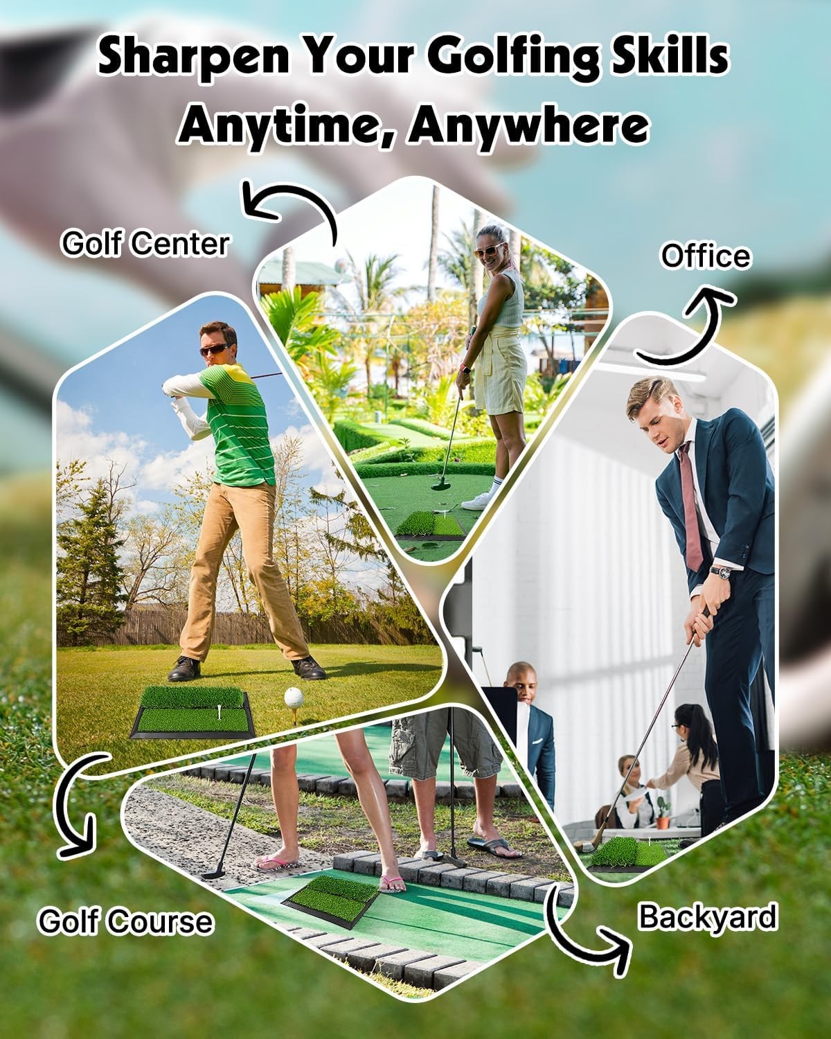 2 in 1 Golf Hitting Mat Practice Turf Non Slip Base 44cm