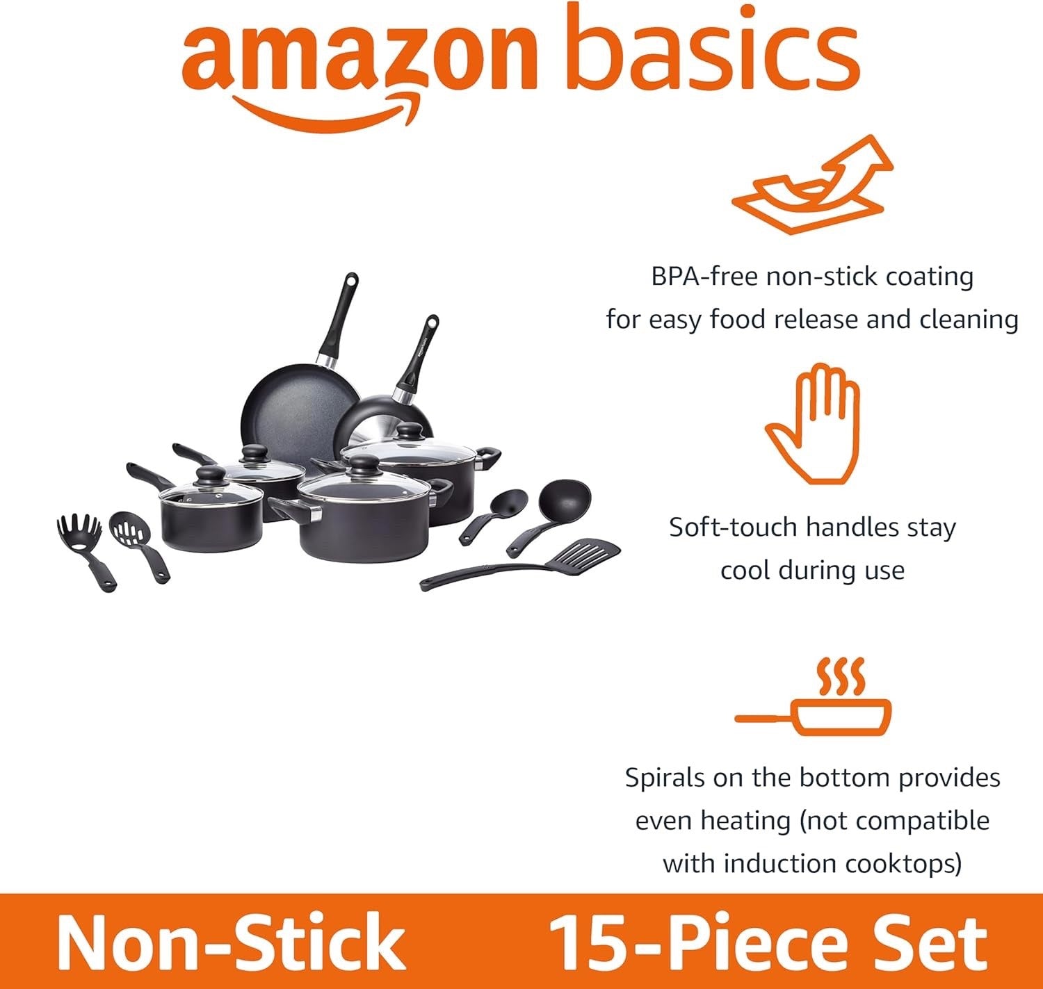 15pcs Non Stick Cookware Set – Pots & Frying Pans with Utensils Black