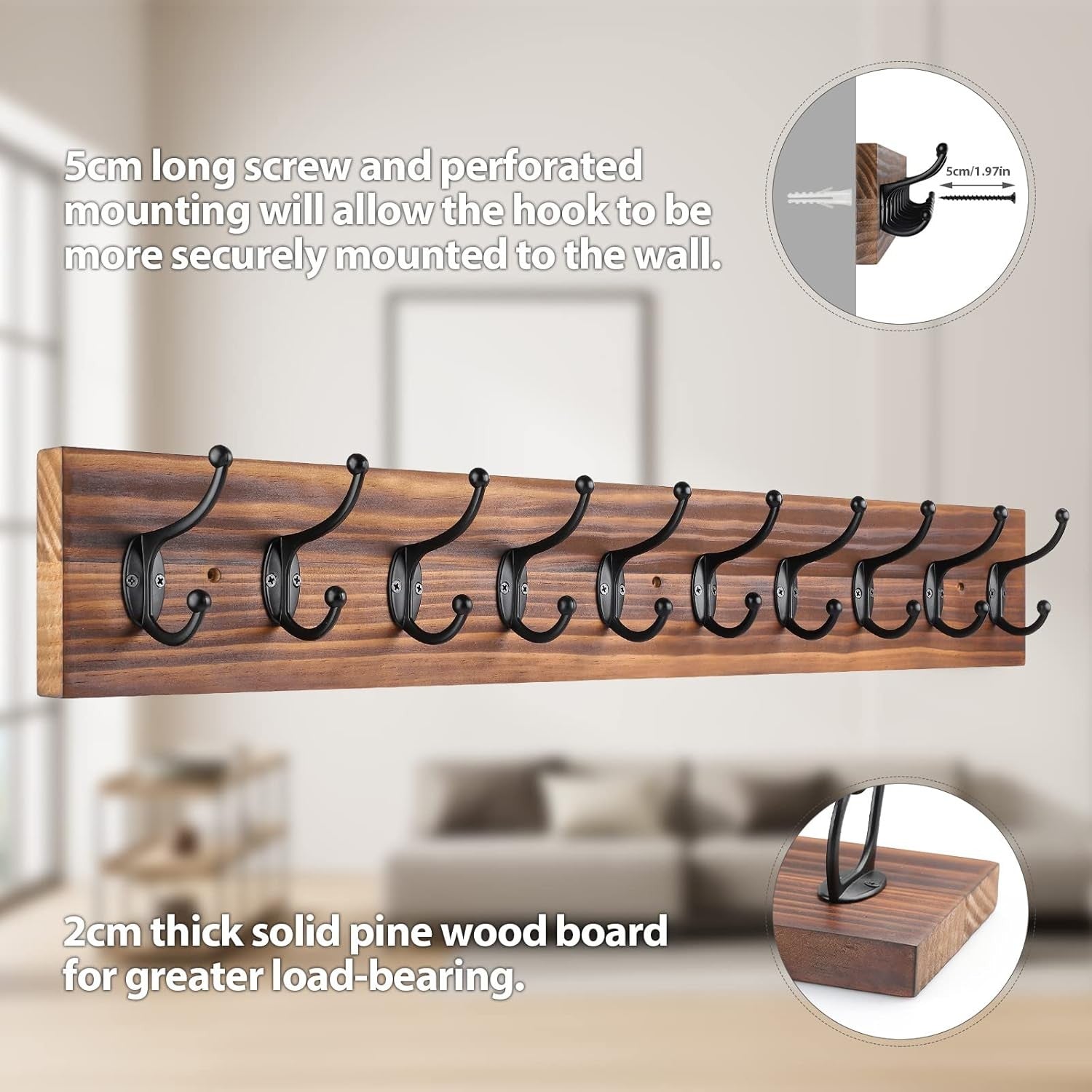 Vintage Wall Mounted Coat Rack 10 Hooks | Wooden Hanging Rack for Coats Hats