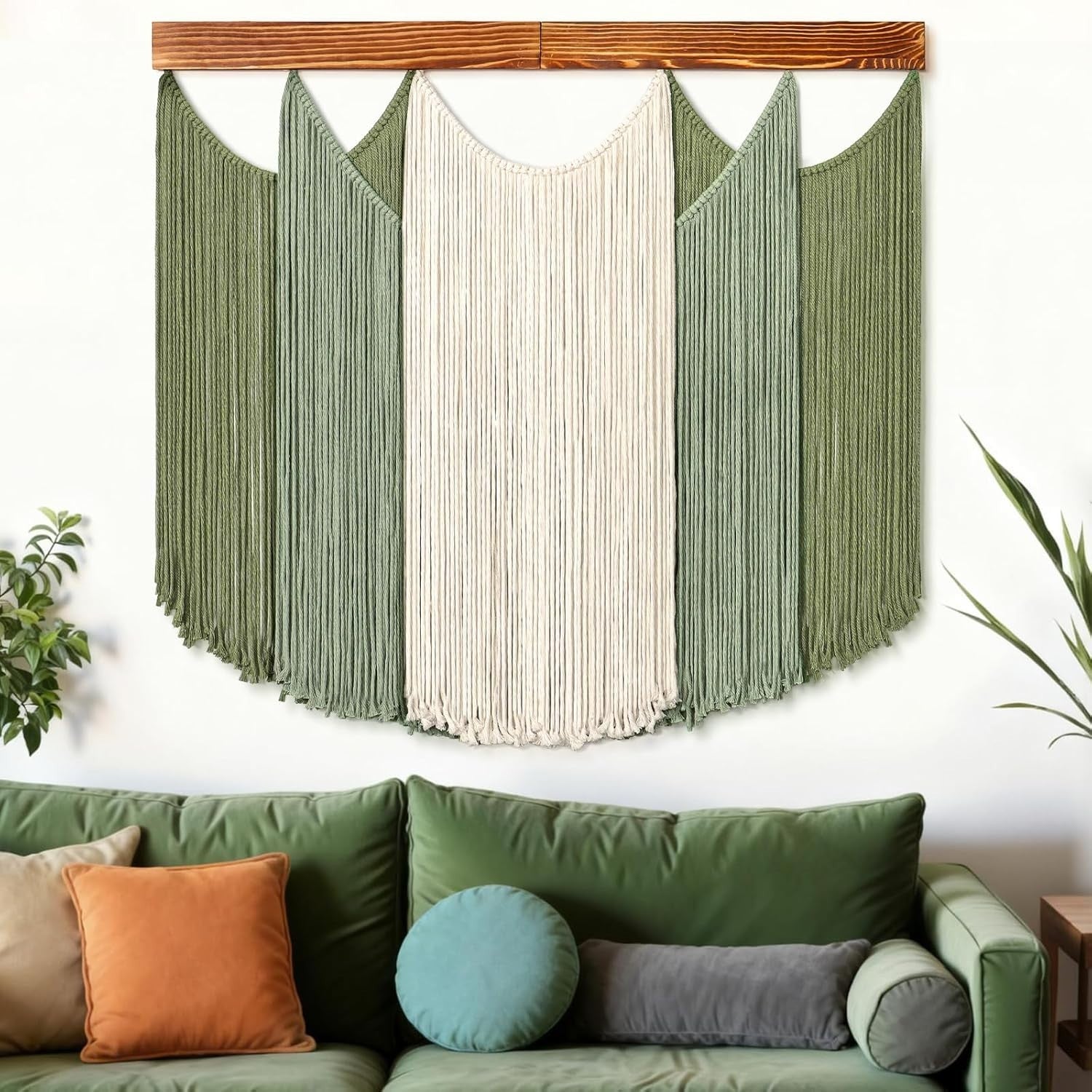 Boho Macrame Wall Hanging Dip-Dyed Green Beige Woven Tapestry