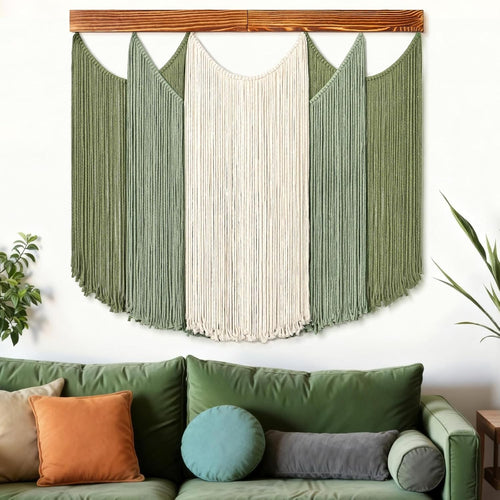 Boho Macrame Wall Hanging Dip-Dyed Green Beige Woven Tapestry