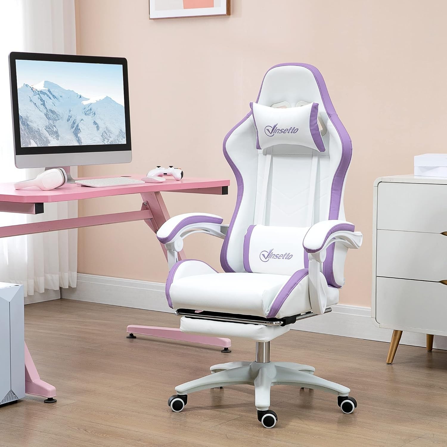 Gaming Chair PU Leather Recliner w/ Footrest 135° Swivel White Purple