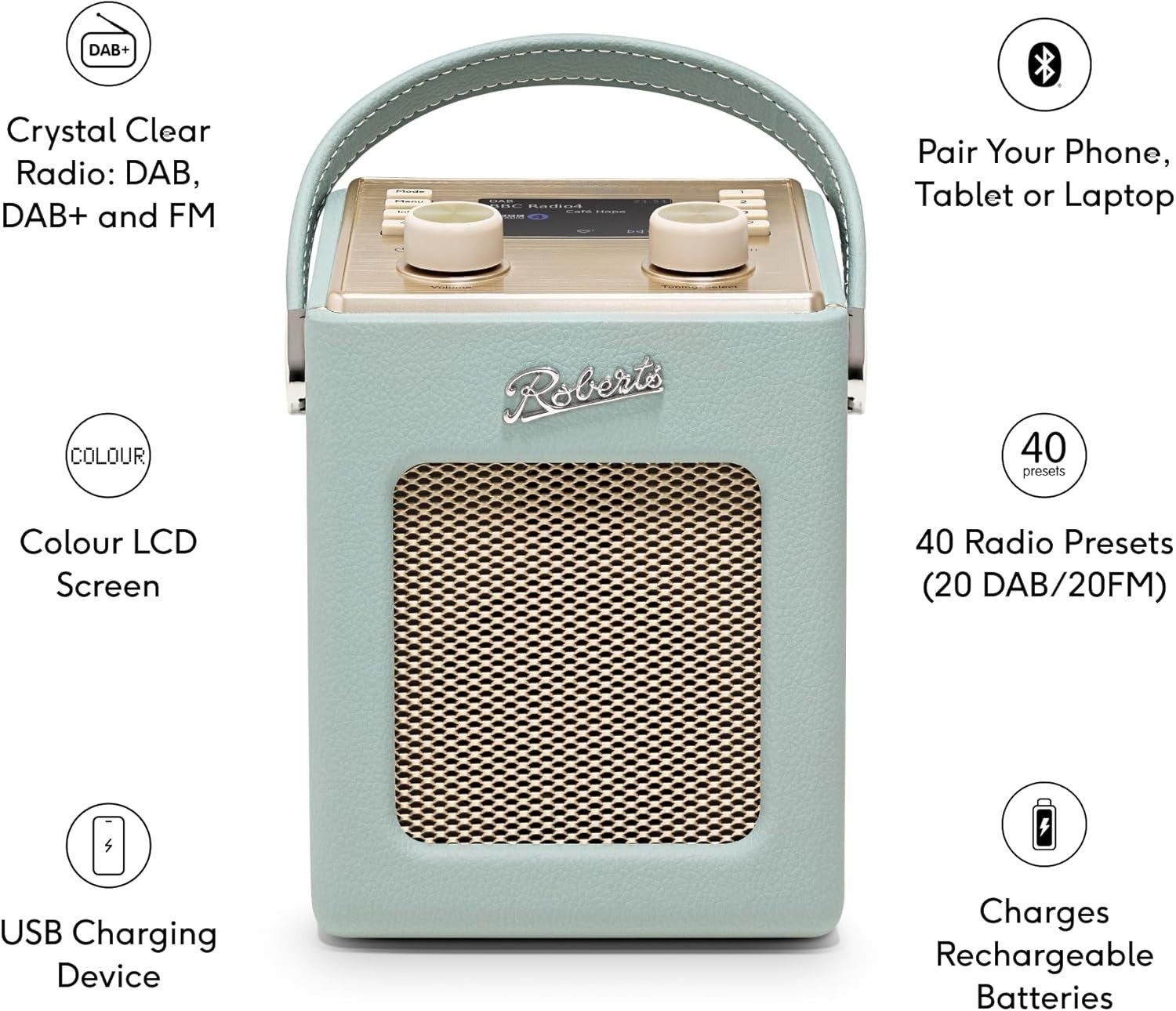 Portable DAB+/FM Radio with Bluetooth, Dual Alarms & Retro Sound – Duck Egg