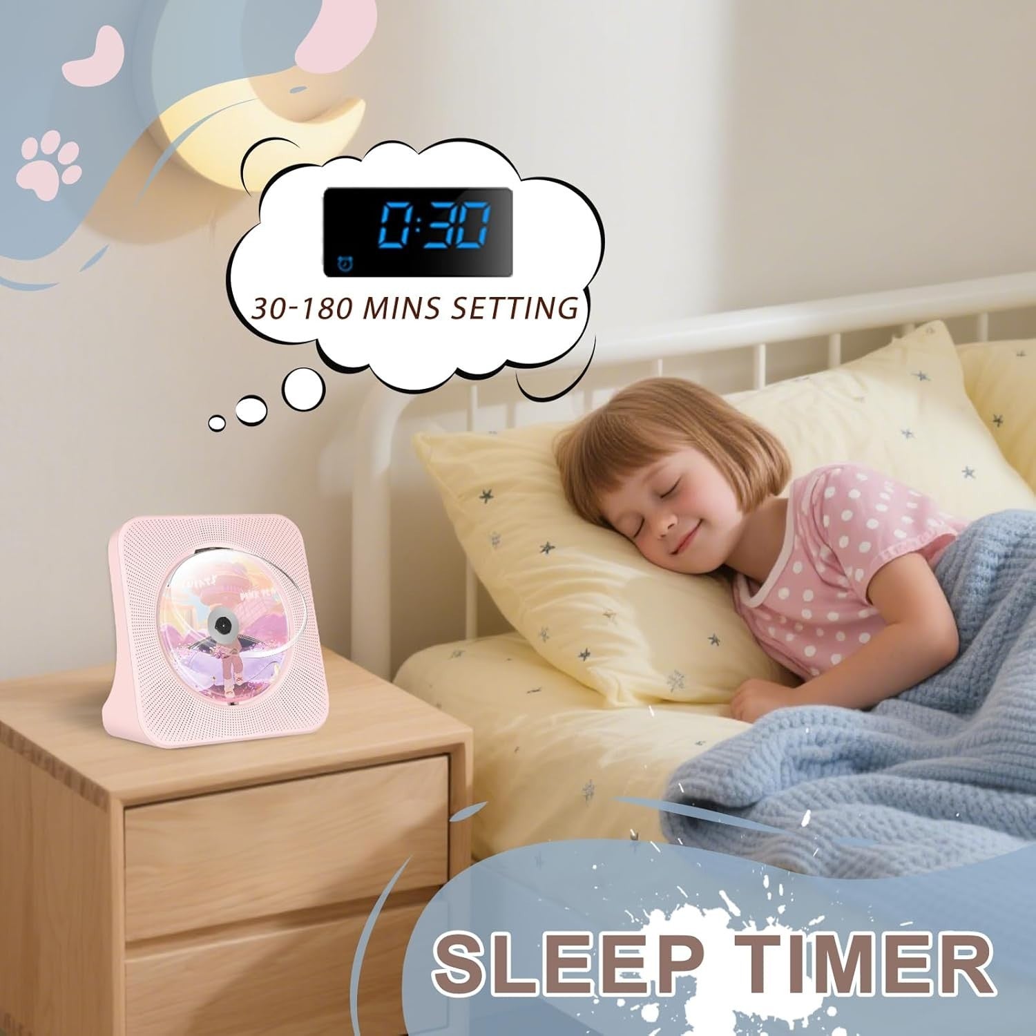 Pink Bluetooth CD Player FM Radio USB AUX Boombox Remote Sleep Timer