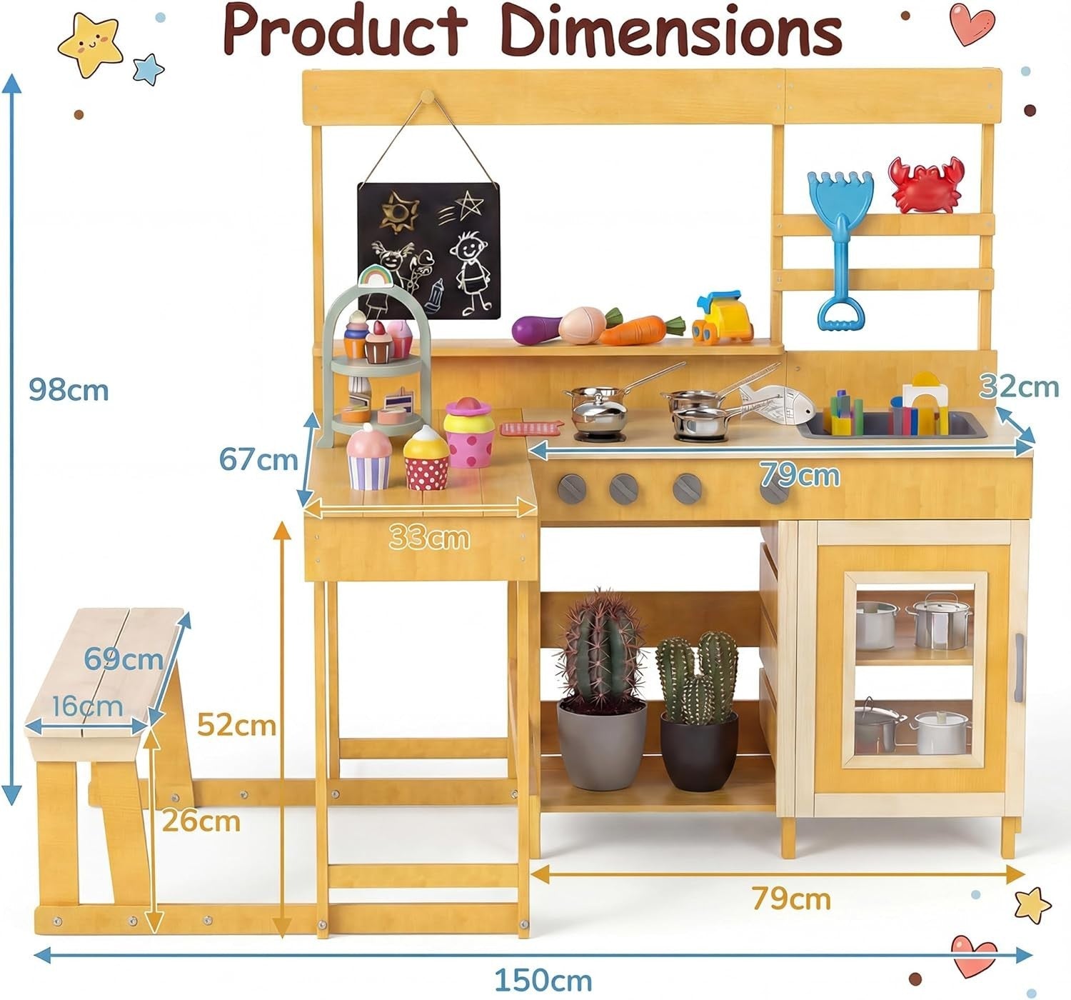 Kids Mud Kitchen Outdoor Wooden Play Kitchen Picnic Table Natural