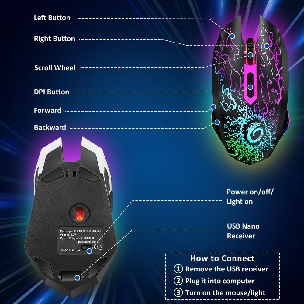 RGB Wireless Gaming Mouse Silent Click Rechargeable 2.4G USB PC Laptop