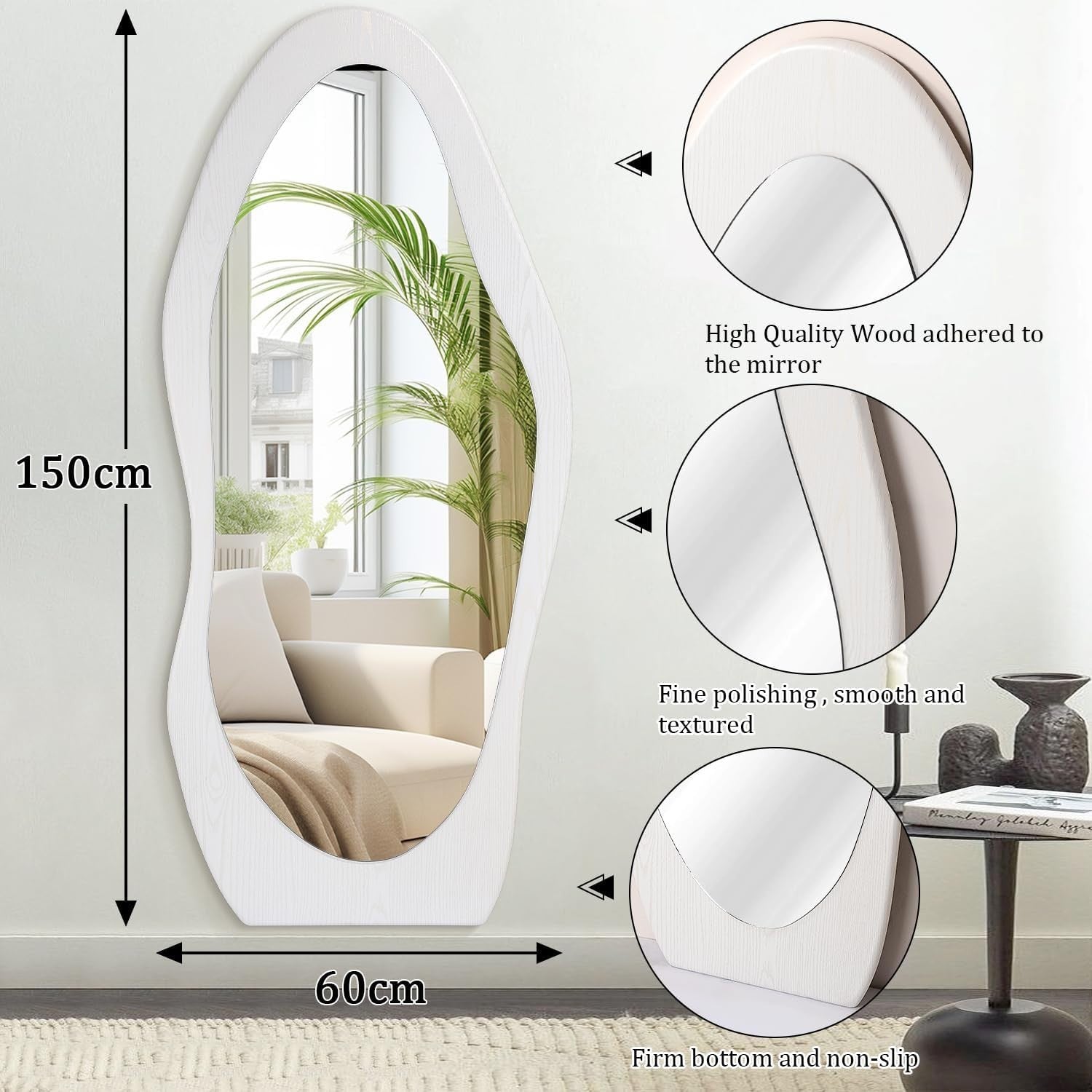Wavy Full Length Wall Mirror 150x60cm White Wood Frame for Bedroom Hall