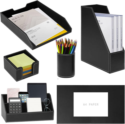 Luxury PU Leather 6-Piece Desk Organizer Set – Pen Holder, Paper Tray, File Stor