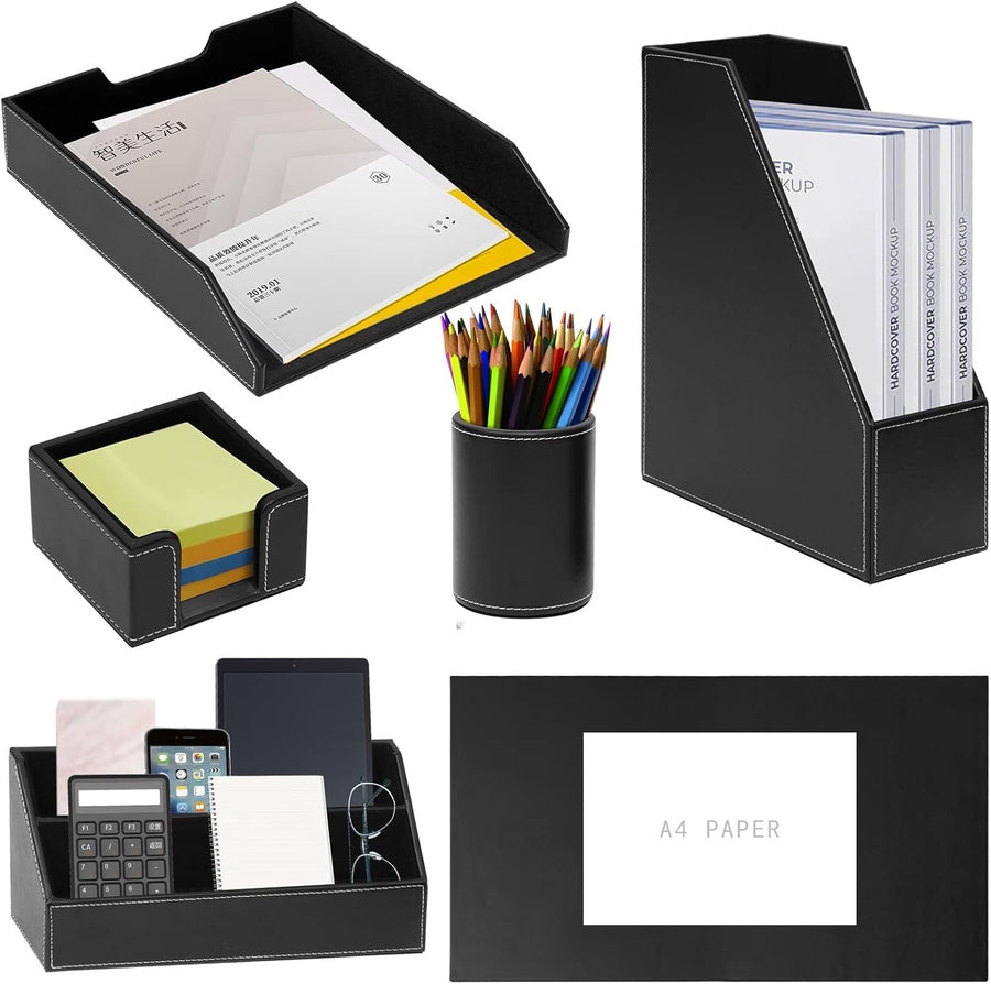 Luxury PU Leather 6-Piece Desk Organizer Set – Pen Holder, Paper Tray, File Stor