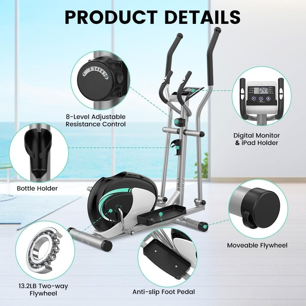 Quiet Elliptical Cross Trainer 8 - Level Magnetic Resistance Home Gym