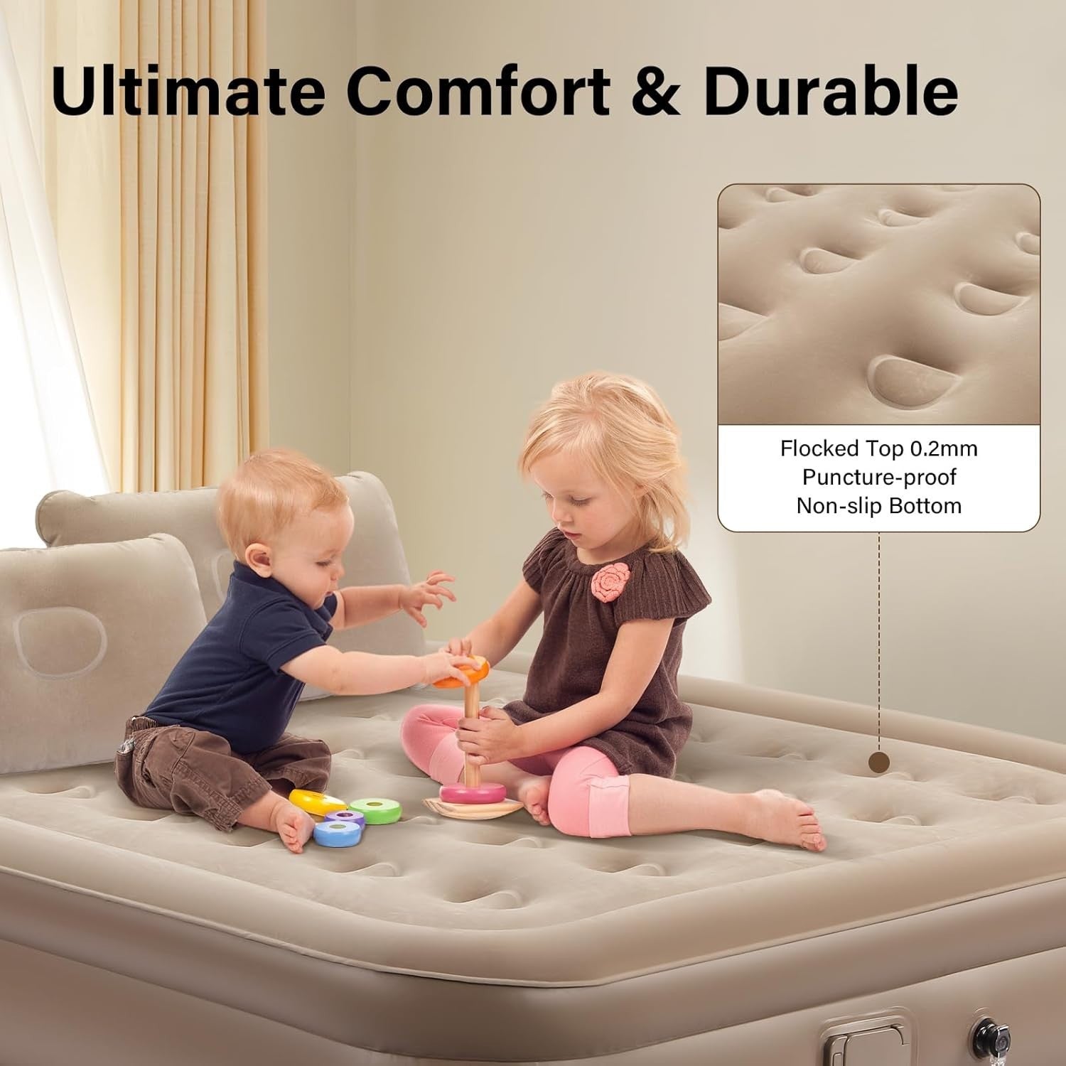 Double Inflatable Air Mattress with Built-in Pump, Pillows & Flocked Top