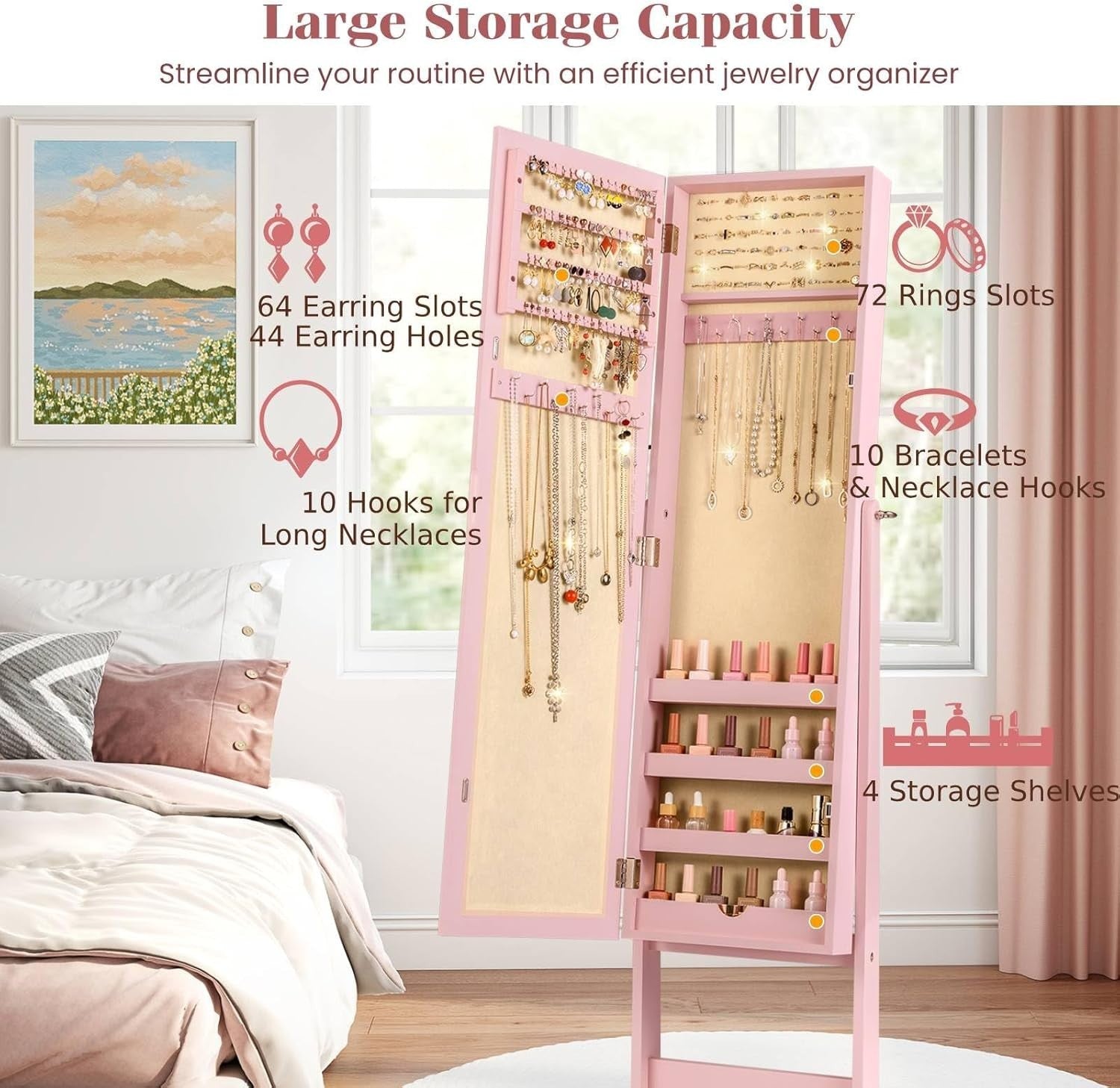 Pink Freestanding Jewelry Cabinet Full Length Mirror Adjustable Storage