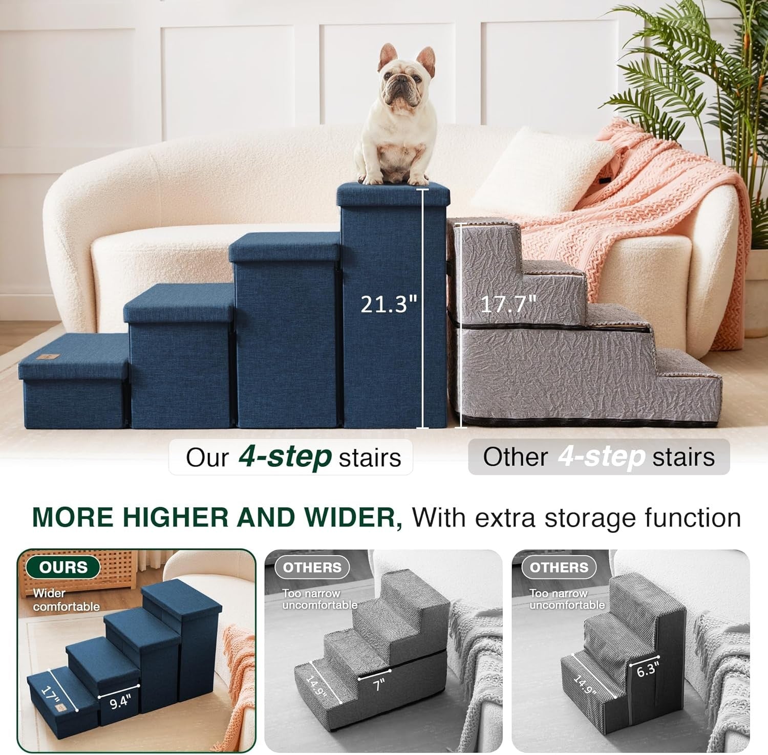 Dog Stairs 4 Step with Storage Foldable Pet Steps Navy Blue 200lb