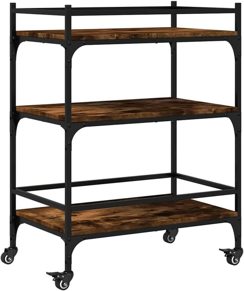 3 Tier Kitchen Trolley Storage Cart Smoked Oak Shelves Steel Frame Wheels