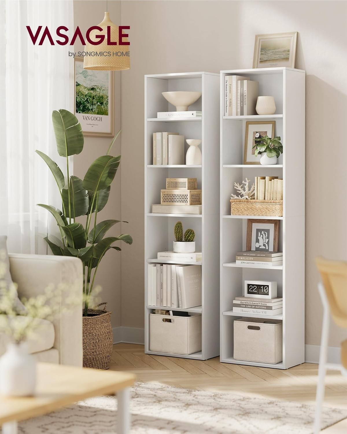 6-Tier White Bookcase Tall Storage Shelf Modern Adjustable Shelving Unit