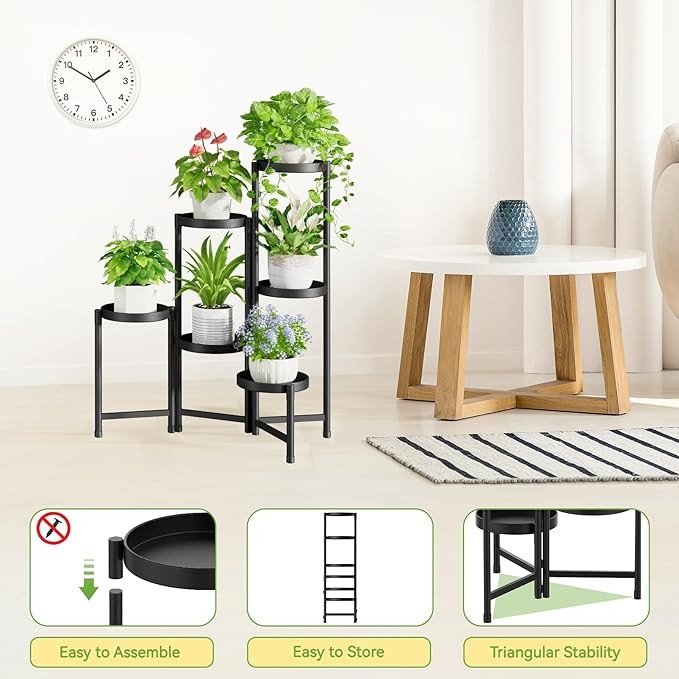 6 Tier Tall Black Metal Plant Stand Indoor Outdoor Foldable Corner Shelf