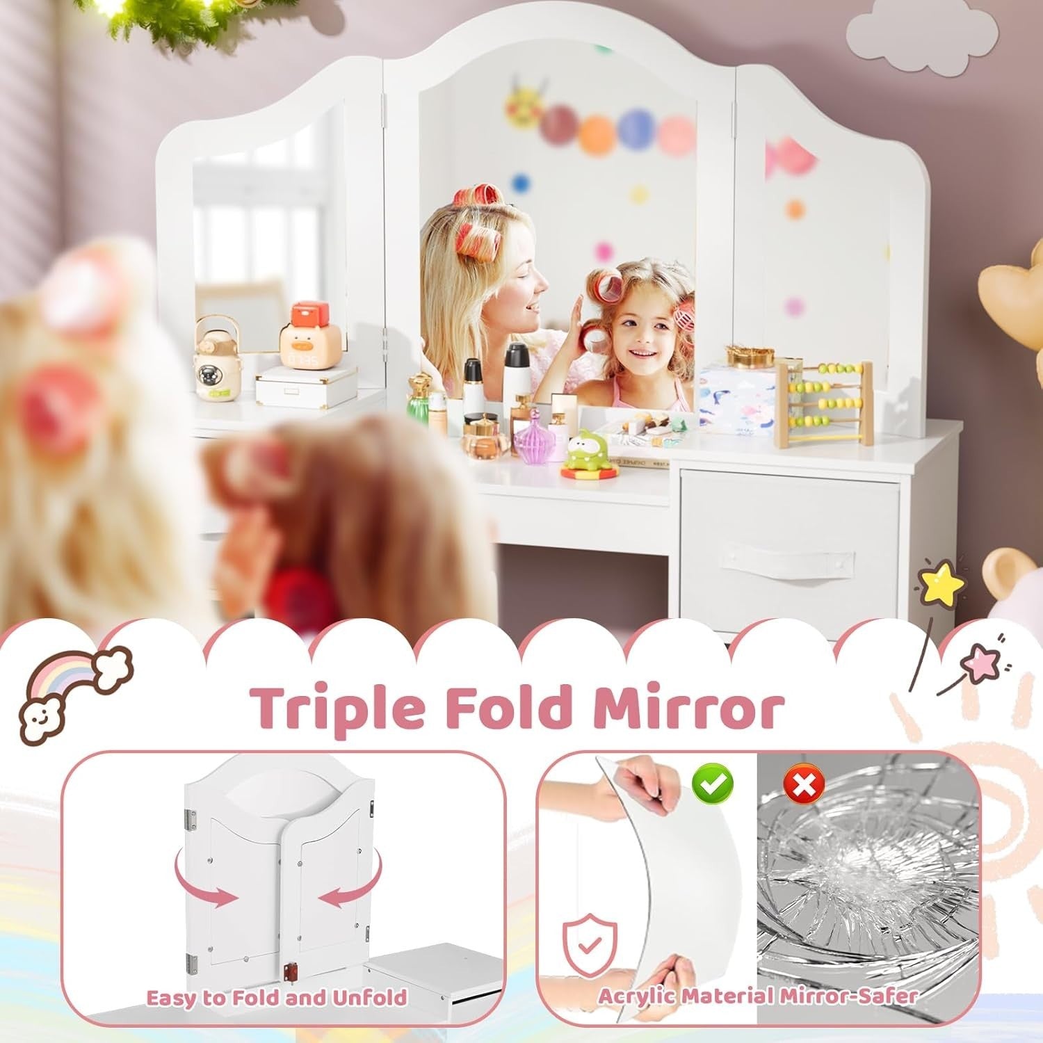 Kids Dressing Table Set with Chair, Tri-Fold Mirror & Storage Drawers White