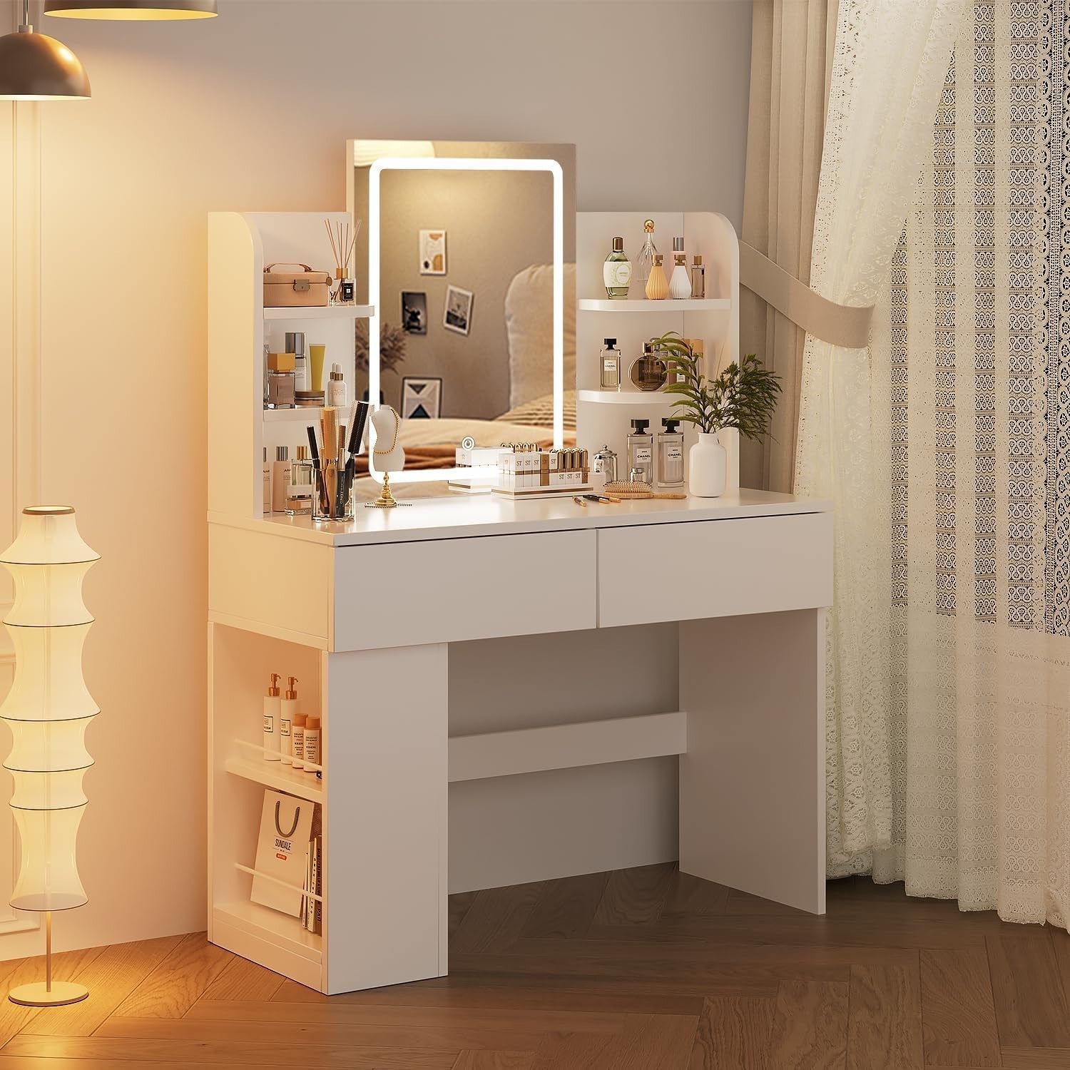White Dressing Table Makeup Vanity LED Mirror 2 Drawers Storage Modern Wood