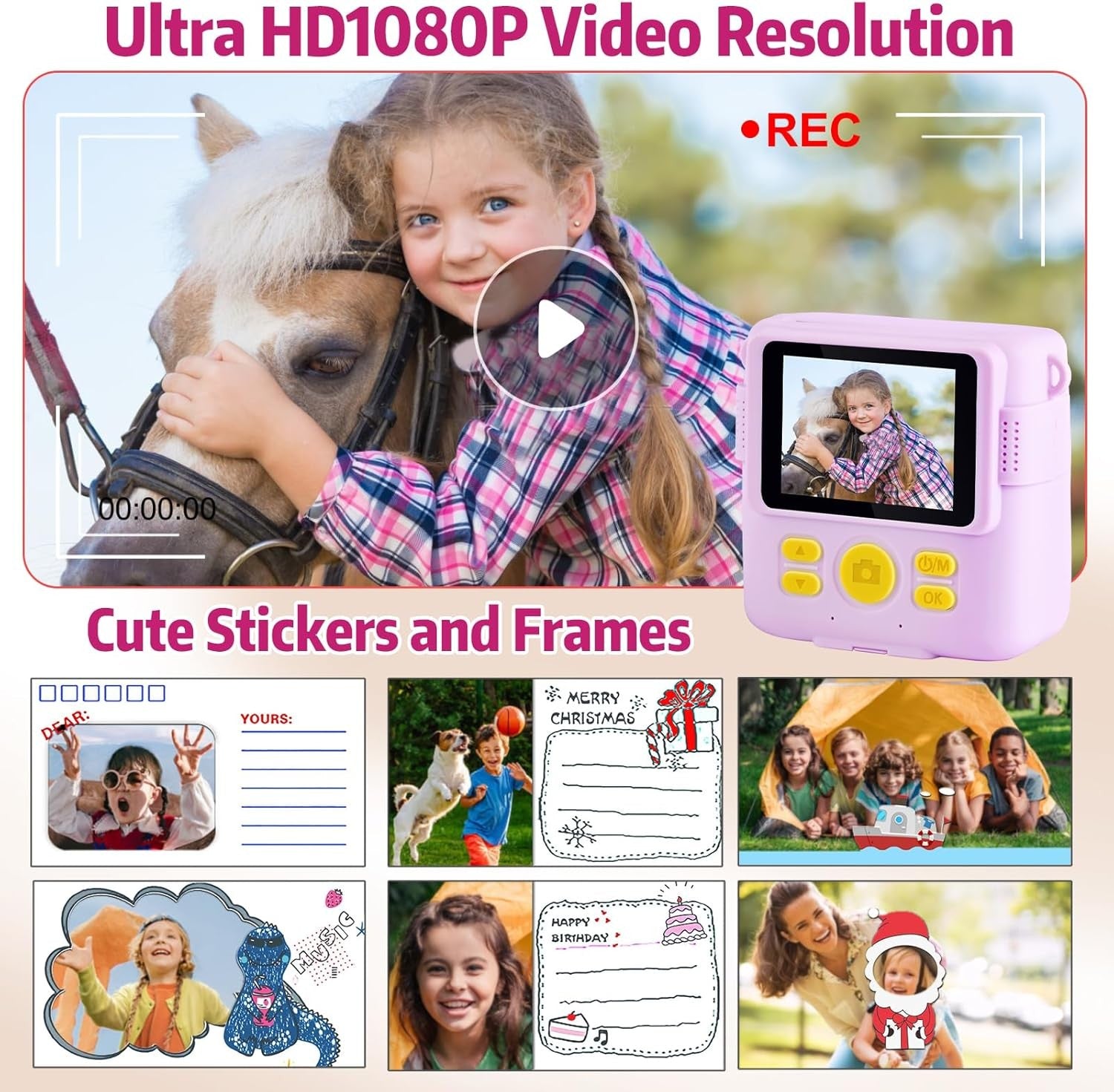 Kids Instant Print Camera Purple 1080P HD Toy with 32GB Card Gift for Girls Boys