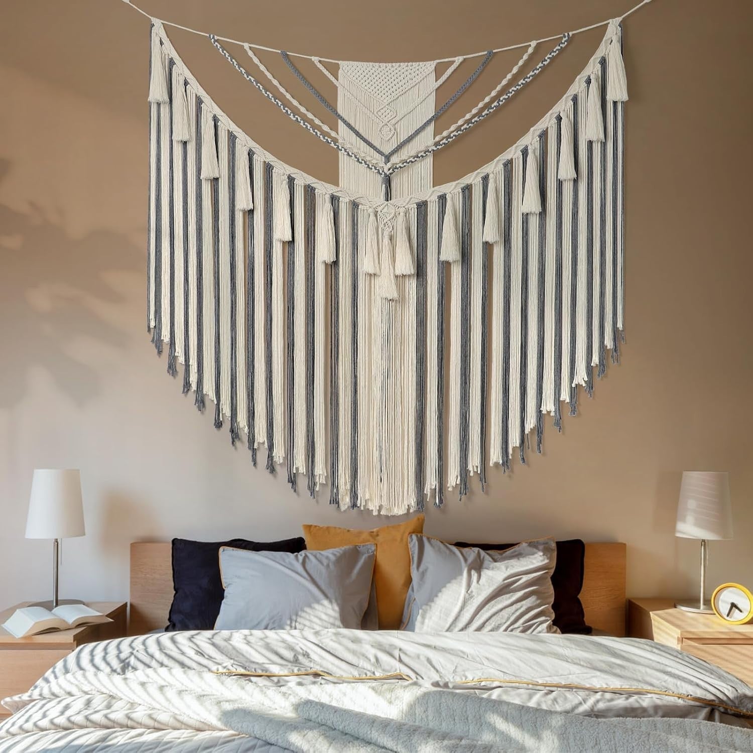 Large Grey Boho Macrame Wall Hanging 43"x35" Geometric Decor