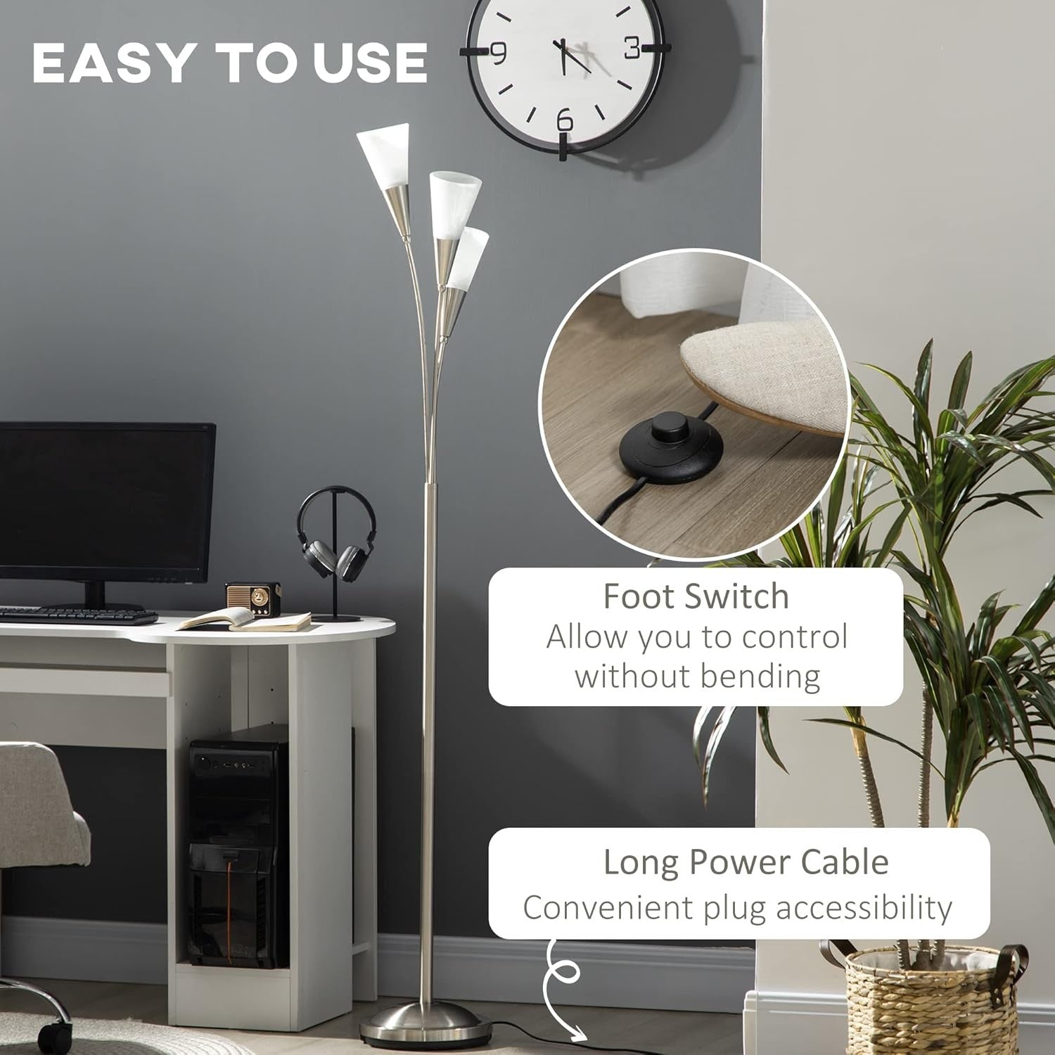 3 Light Silver Floor Lamp Modern Upright Standing Reading Lamp Living Room