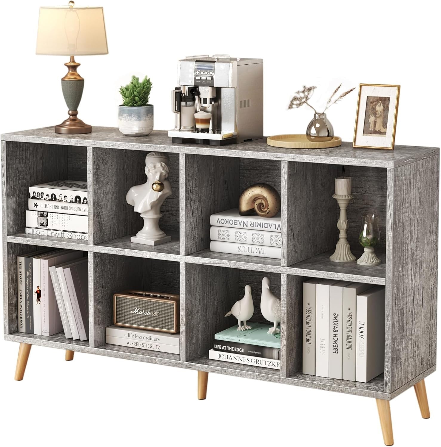 8 Cube Modern Bookcase with Legs Grey Oak Wooden Storage Shelf 120cm