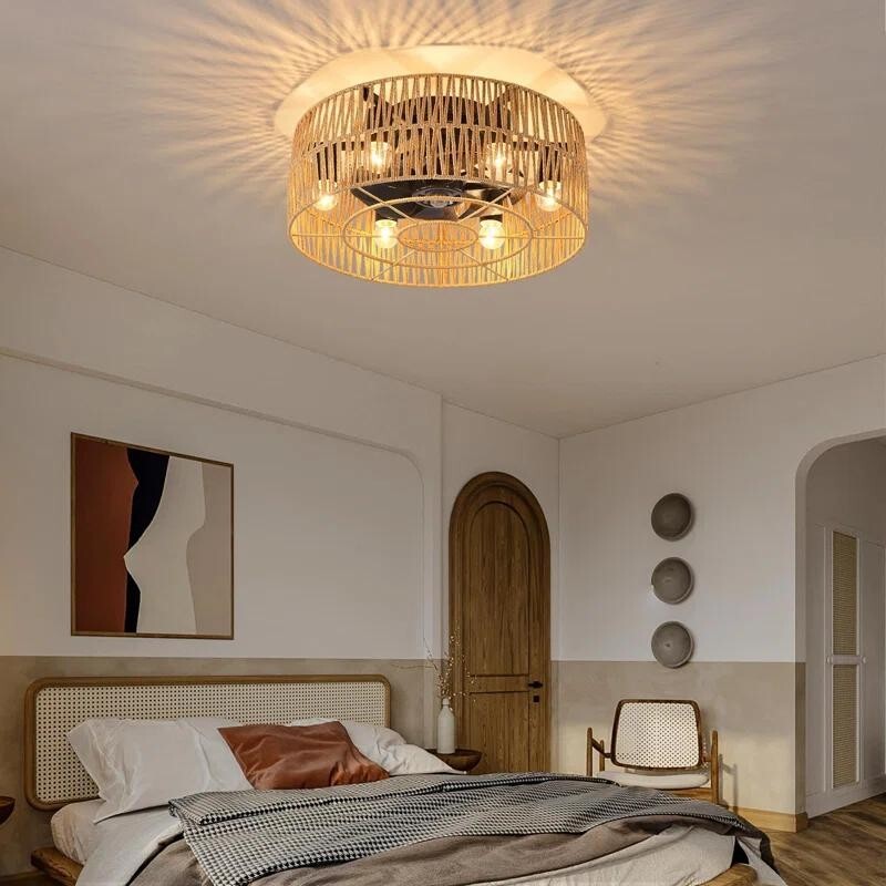 Boho Rattan Ceiling Fan Light Flush Mount E27 Remote 6-Light Rustic 50cm