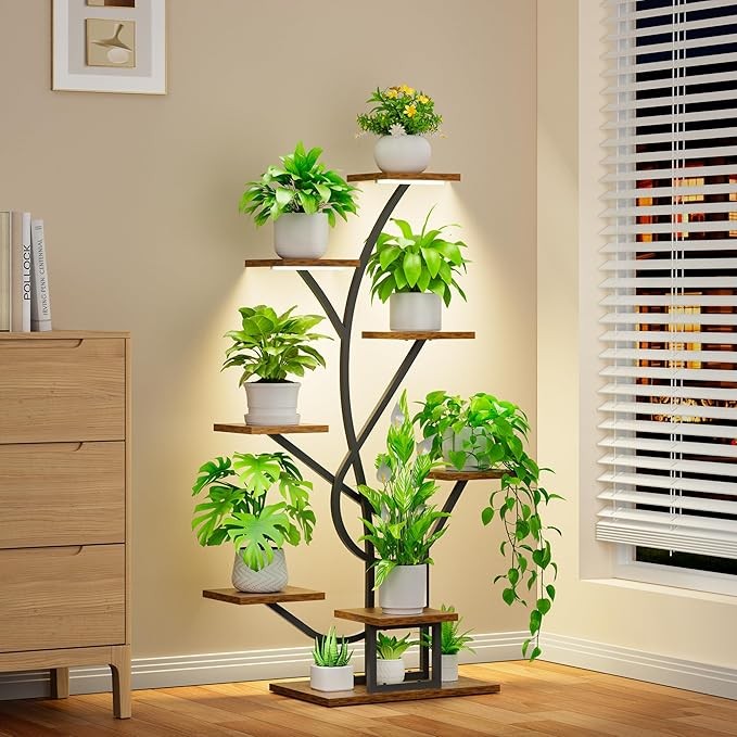 8 Tier Tall Metal Plant Stand with LED Grow Lights Indoor Flower Shelf