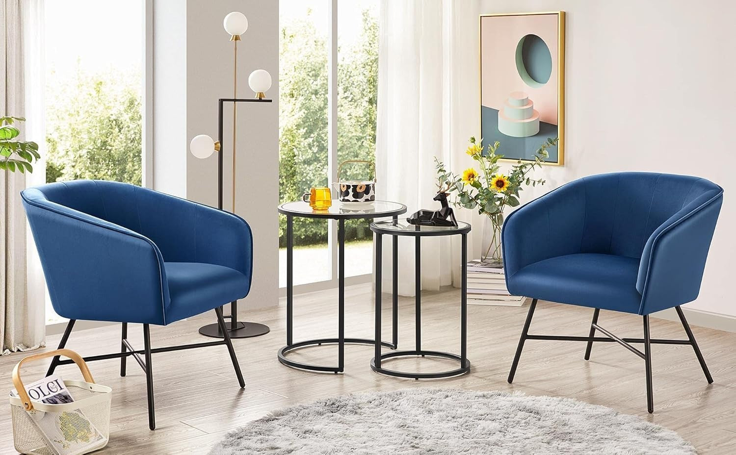 Nesting Round Side Tables Set of 2 Black Tempered Glass Metal End Coffee Sofa