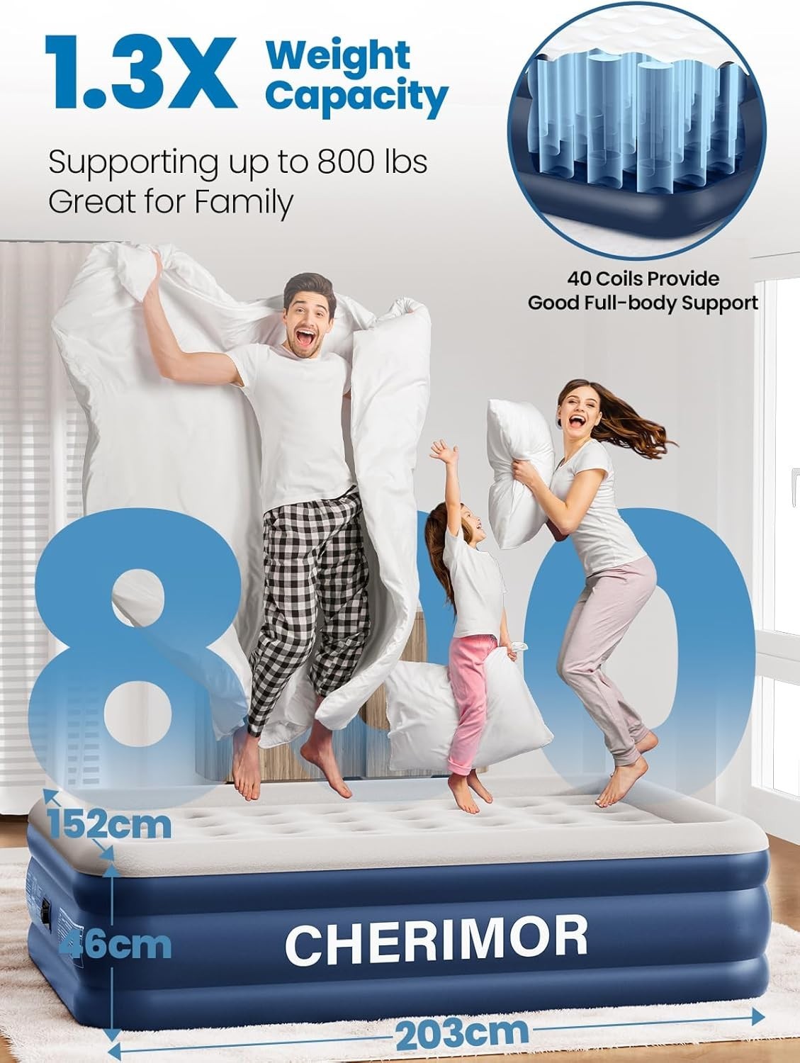 Queen Air Bed with Built-In Pump, Quick Inflate, Leakproof, 800lb Capacity