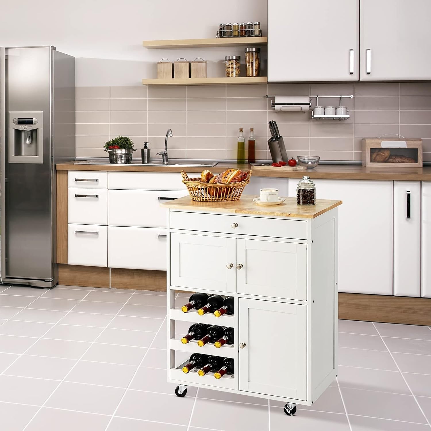Kitchen Serving Trolley Storage Island Cart Drawer Wine Rack Wheels