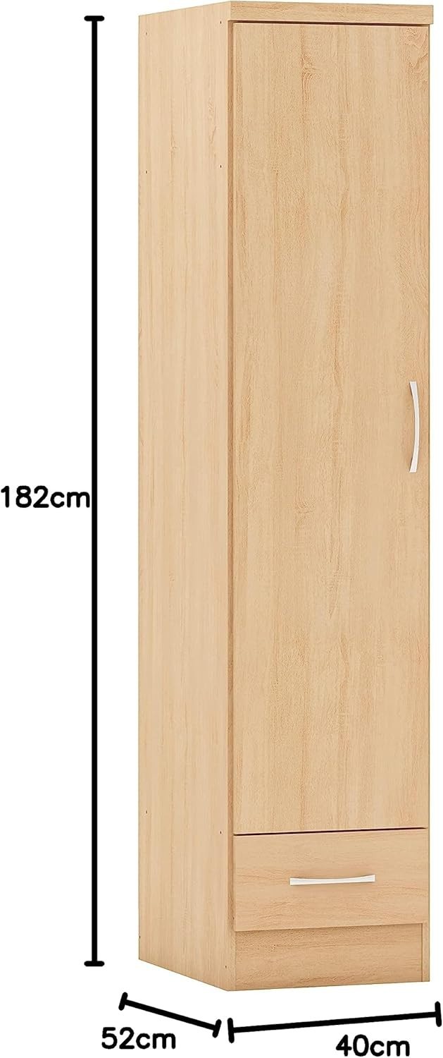 Slim Oak Effect 1 Door Wardrobe with Drawer – Space Saving Bedroom Unit