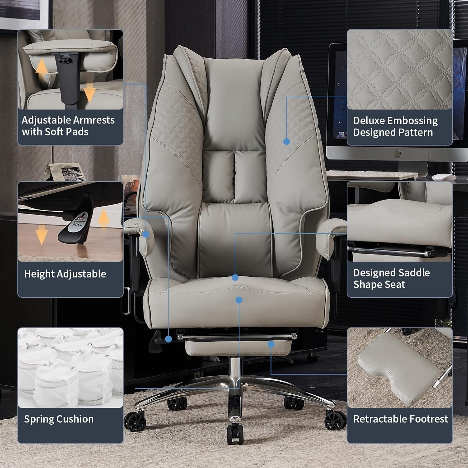 Heavy Duty Big Tall Office Chair PU Leather Oversized Desk Seat Light Grey