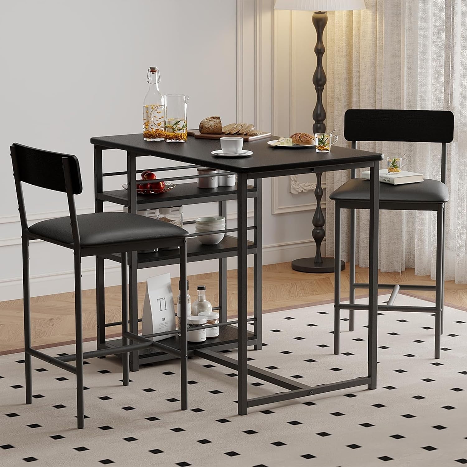 Bar Table Black 3-Piece Set with Shelves and 2 Stools Space-Saving Dining Set