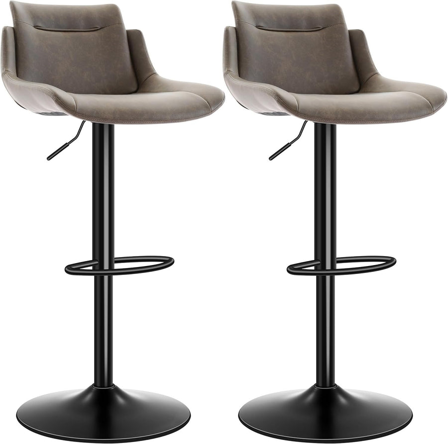 Adjustable Brown PU Leather Bar Stools Set of 2 Swivel Kitchen Counter