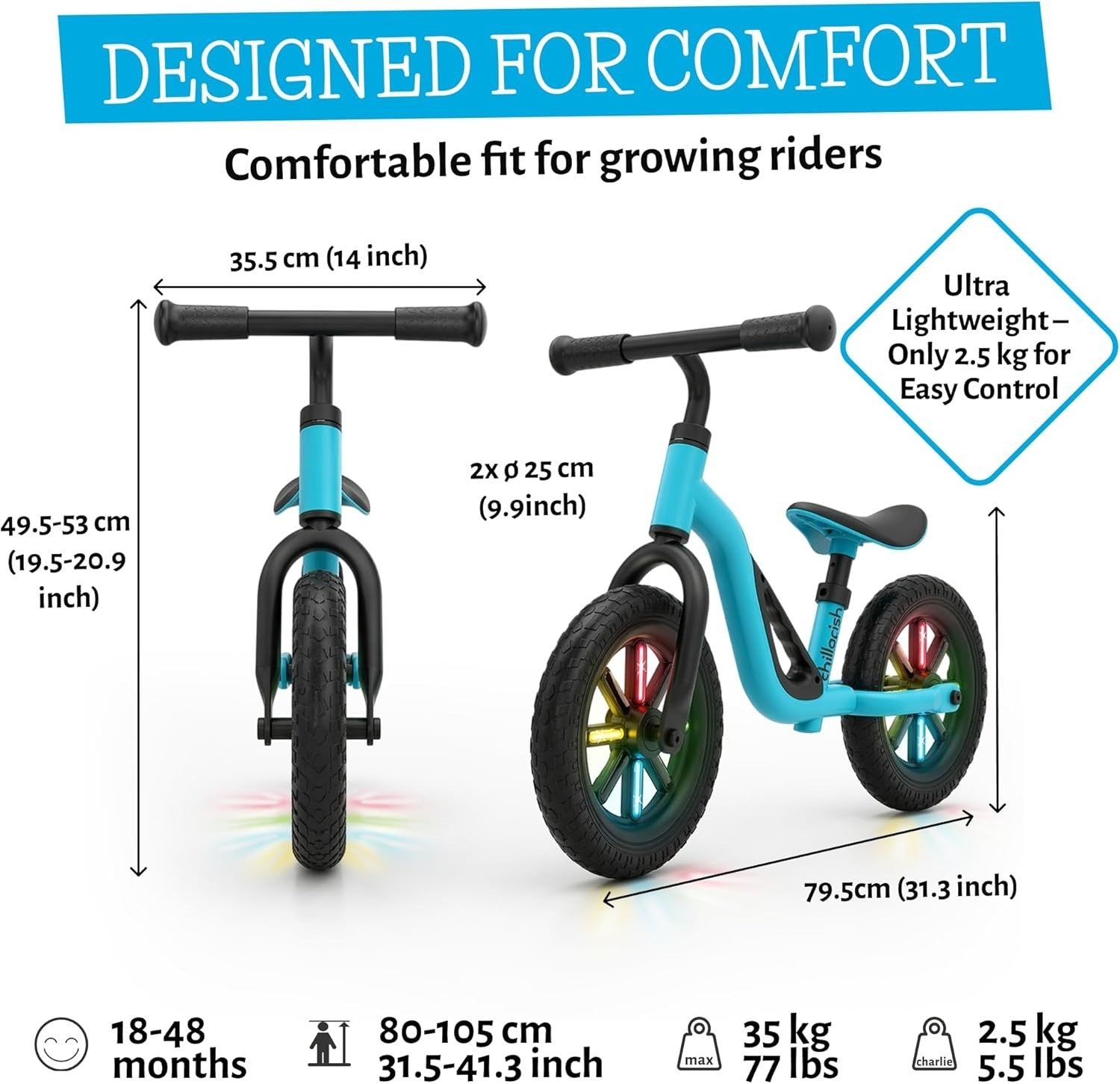 Kids Balance Bike Light Up Wheels Adjustable Toddler Bike 18M-4Y Blue
