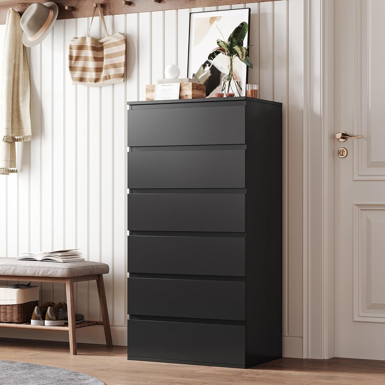 6 Drawer Tall Black Chest Storage Cabinet Bedroom Dresser Organizer Unit