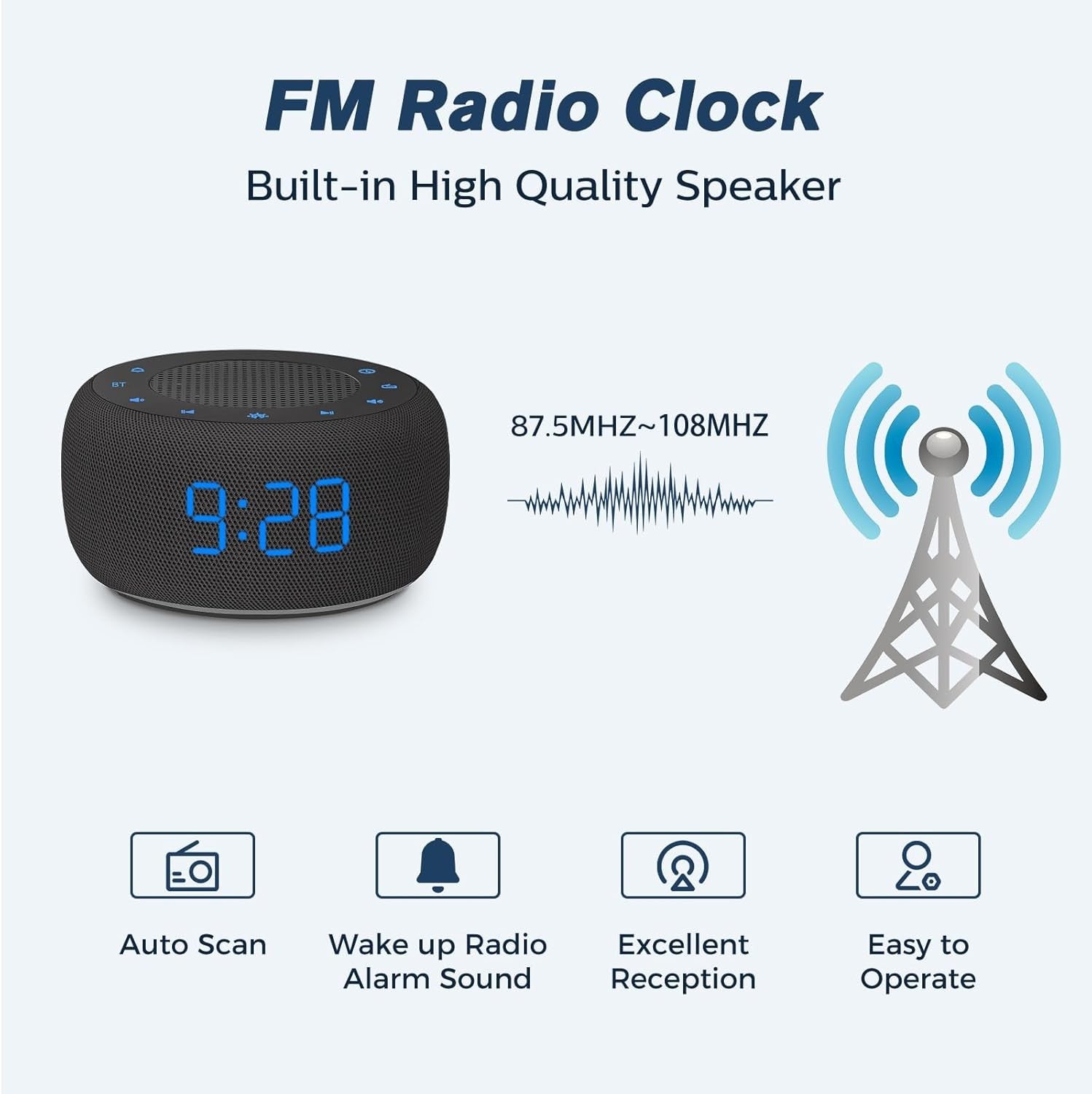Black Bluetooth Speaker Alarm Clock FM Radio LED Display Bedroom